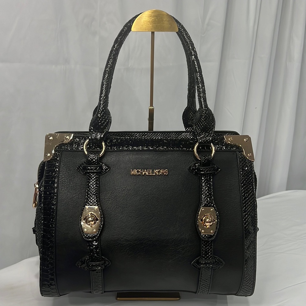 RARE! Michael Kors Limited Edition Blk Leather Tote Reptile Embossed Patent Lthr